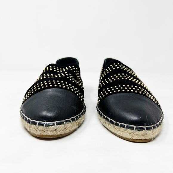 [Loeffler Randall] Black Gold Studded Mara Leather Cap Toe Espadrille Flats Sz 9 - Picture 7 of 12